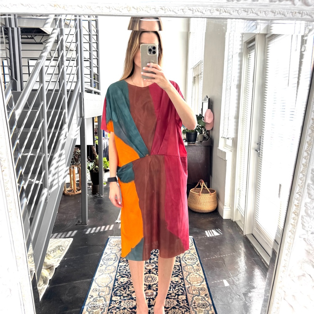 Marni Asymmetrical Dress in Red, Orange, and Teal